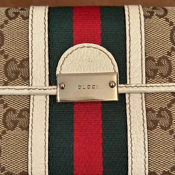 Gucci Ivory Leather/Canvas Monogram with Sherry Line Bifold Long Wallet - Picture 7 of 16